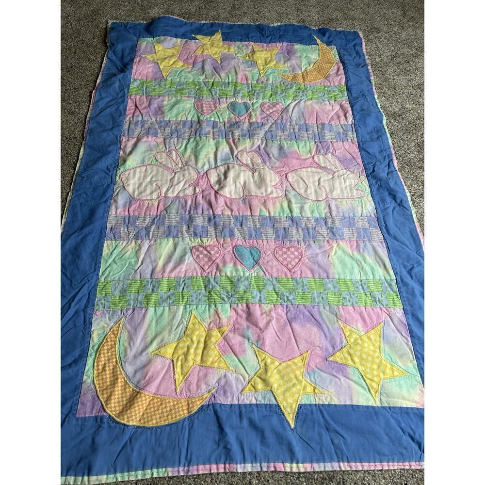 Vintage Whimsical Blanket Quilt Neon Colors Moon Stars Bunnies 47in X 31in
